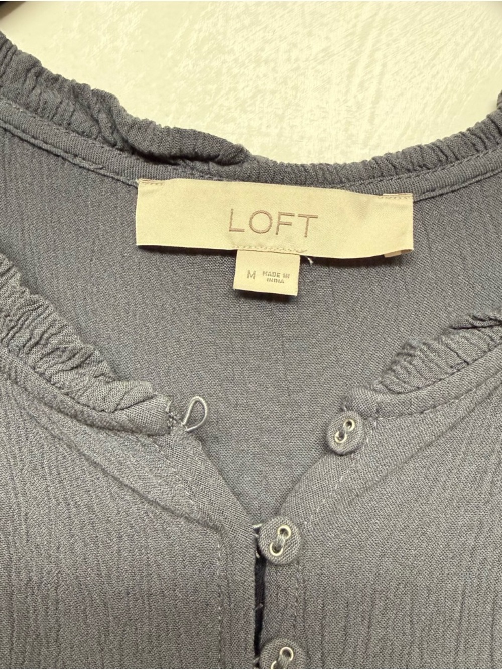 LOFT Gray Button Ruffle Neck Top - Picture 3 of 6